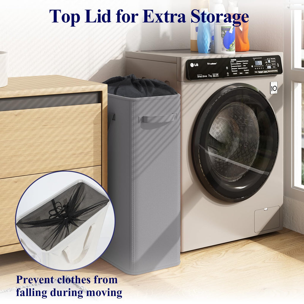 50L Slim Laundry Hamper, Small Laundry Hamper With Handles, Narrow Laundry Basket , Collapsible Laundry Basket, Grey