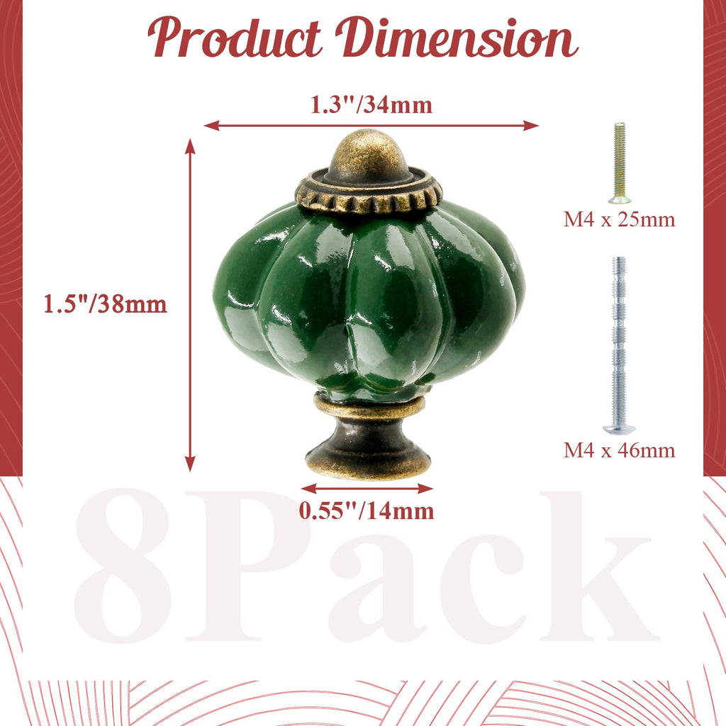 8pcs Dark Green Ceramic Pumpkin Knobs, Vintage Dresser Knobs