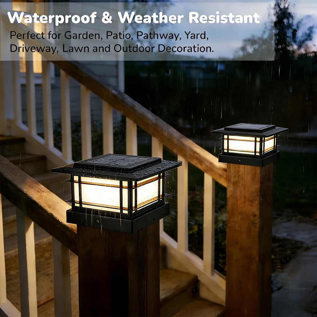 4x4 Solar Post Cap Lights Outdoor with 2 Color Modes, 2 Pack Fence Post Solar Lights Black Shell Fit for Vinyl/Wooden