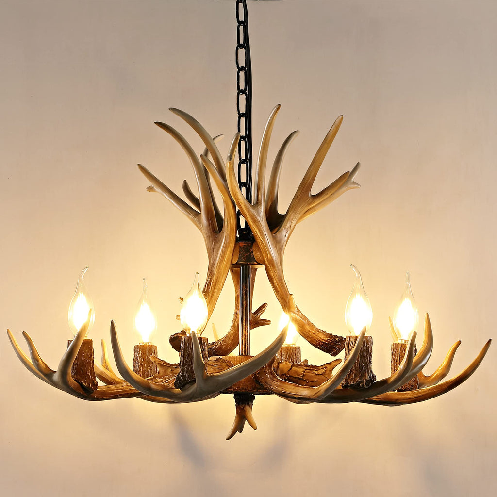 Pre-Assembled 6-Light Resin Faux Deer Antler Chandelier, Rustic