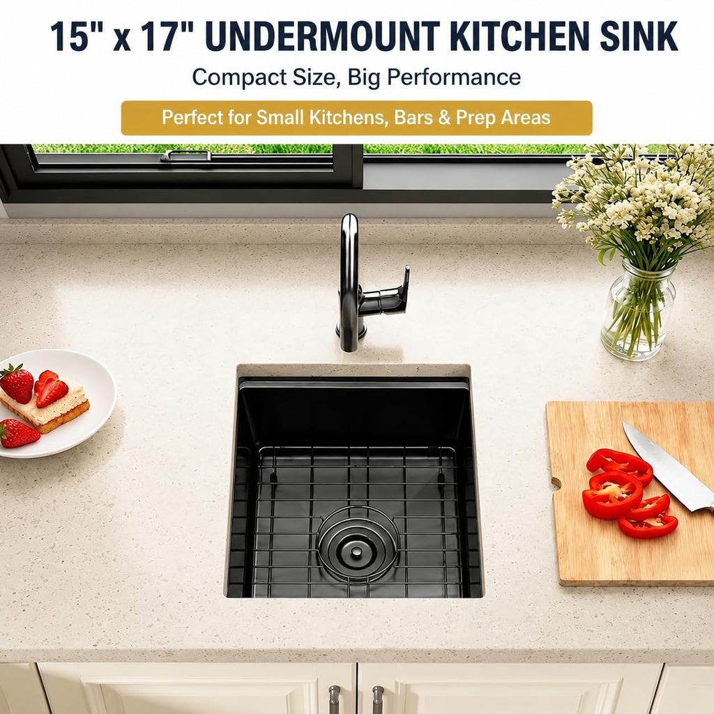 15x17 Black Undermount Bar Sink, 16 Gauge T304 Stainless Steel Sink