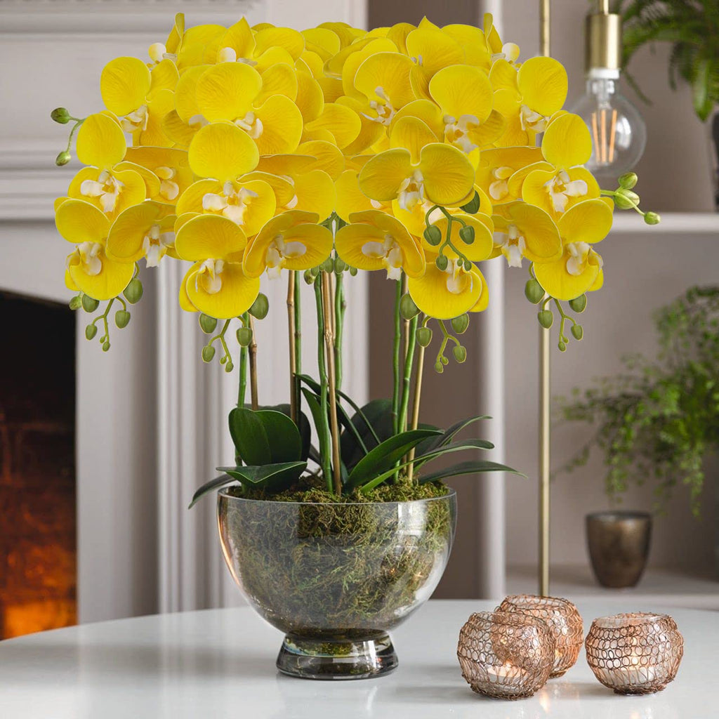 30 Inch Yellow Orchids Artificial Flowers Real Touch Phalaenopsis Spray Artificial Orchid Stems with 12 Orchid