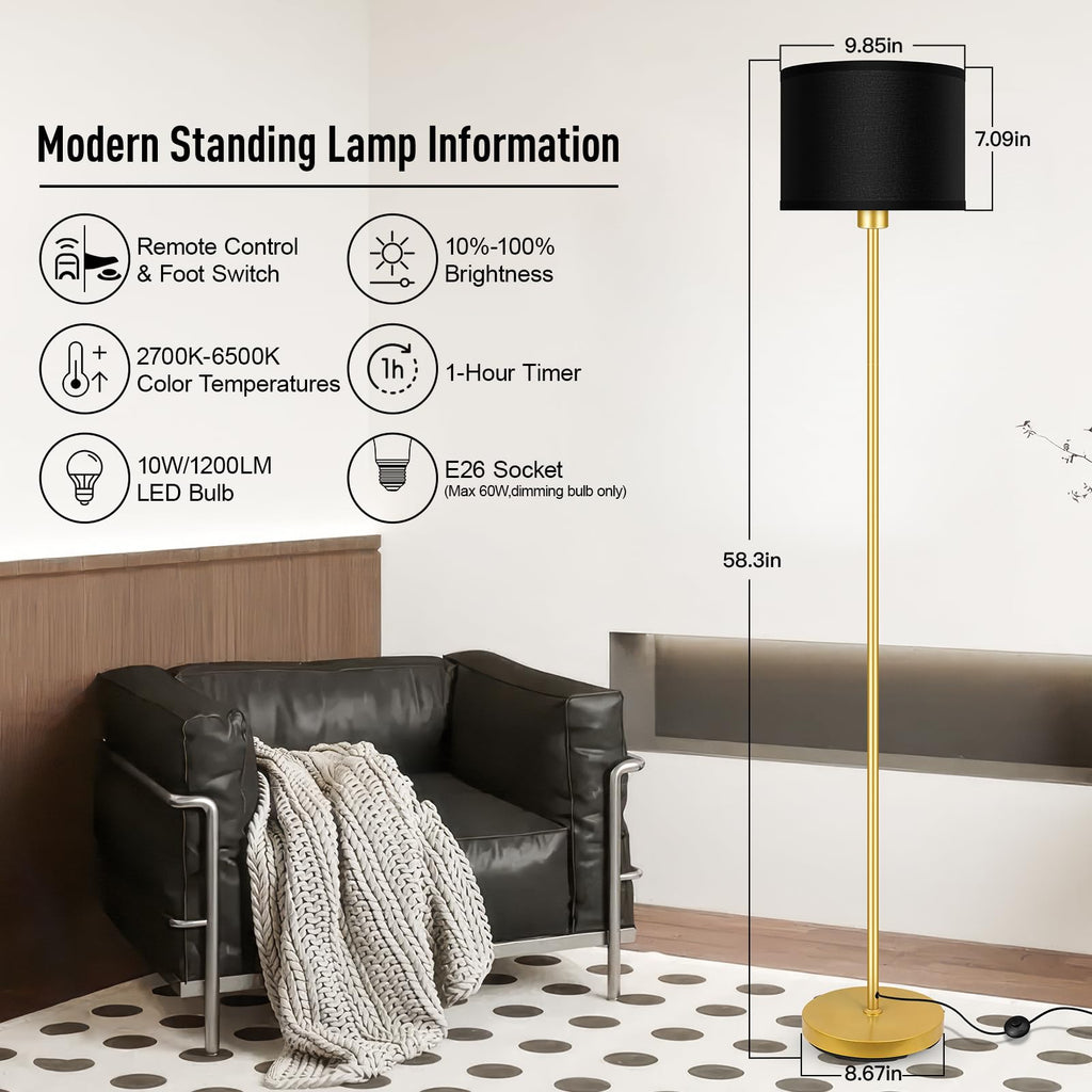 Gold Floor Lamps, Stepless Dimmable Floor Lamp with Remote, Colors Temperature & Brightness