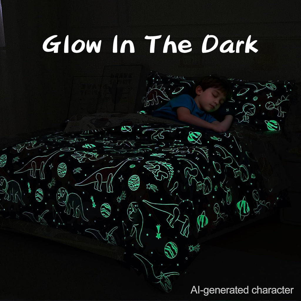 5pc Glow in The Dark Kids Comforter Set,Dinosaur Galaxy Printed, Space Bedding Set Twin for Boys Girls Teen