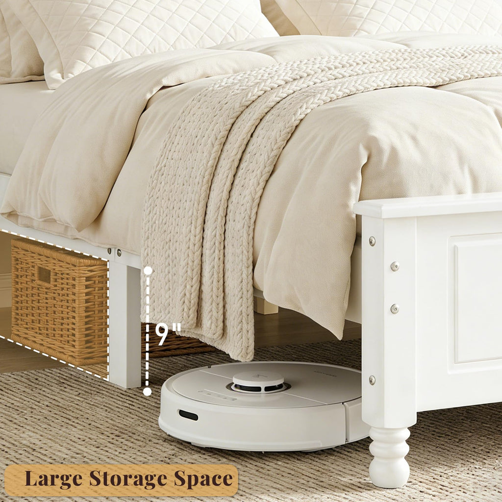 White Wood Bed Frame Full Size with Wave Shaped Gothic Headboard