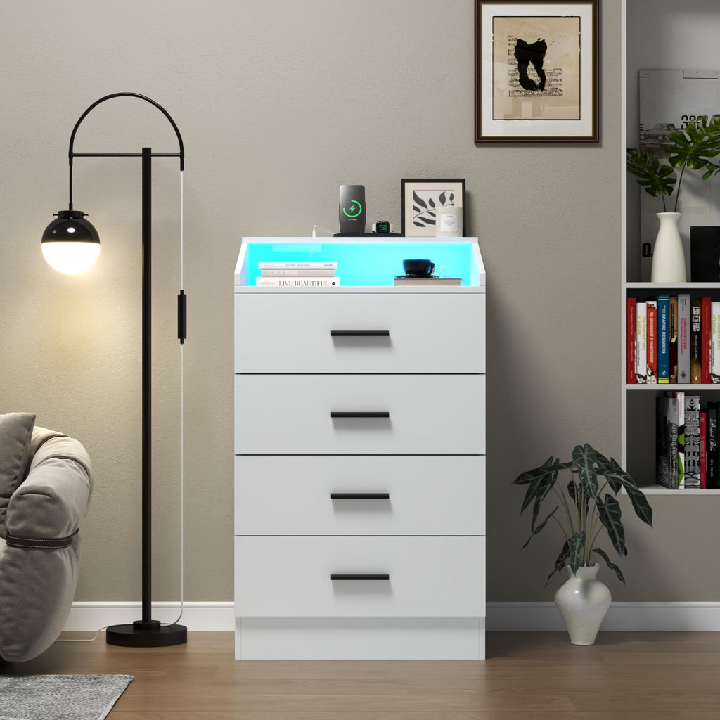 4 Drawer Dresser with LED, Modern Dresser with Power Outlet