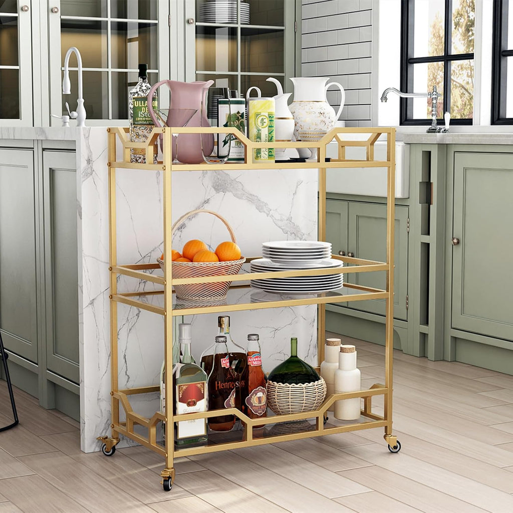 Square Gold Bar Carts with 3 Tier Storage Glass Shelves Holder Home Serving Bar Carts on Wheels , Bar, Dinning Room