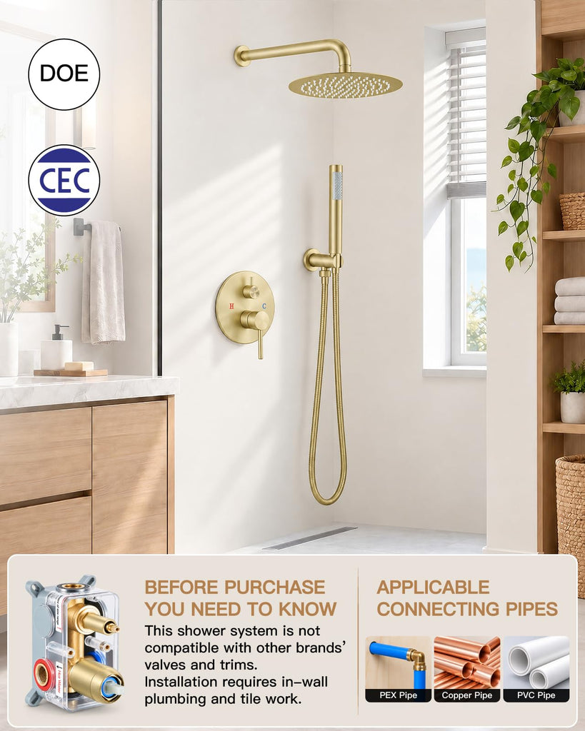 Shower Faucet Set with Rough-in Valve Trim Kit,Brushed Gold