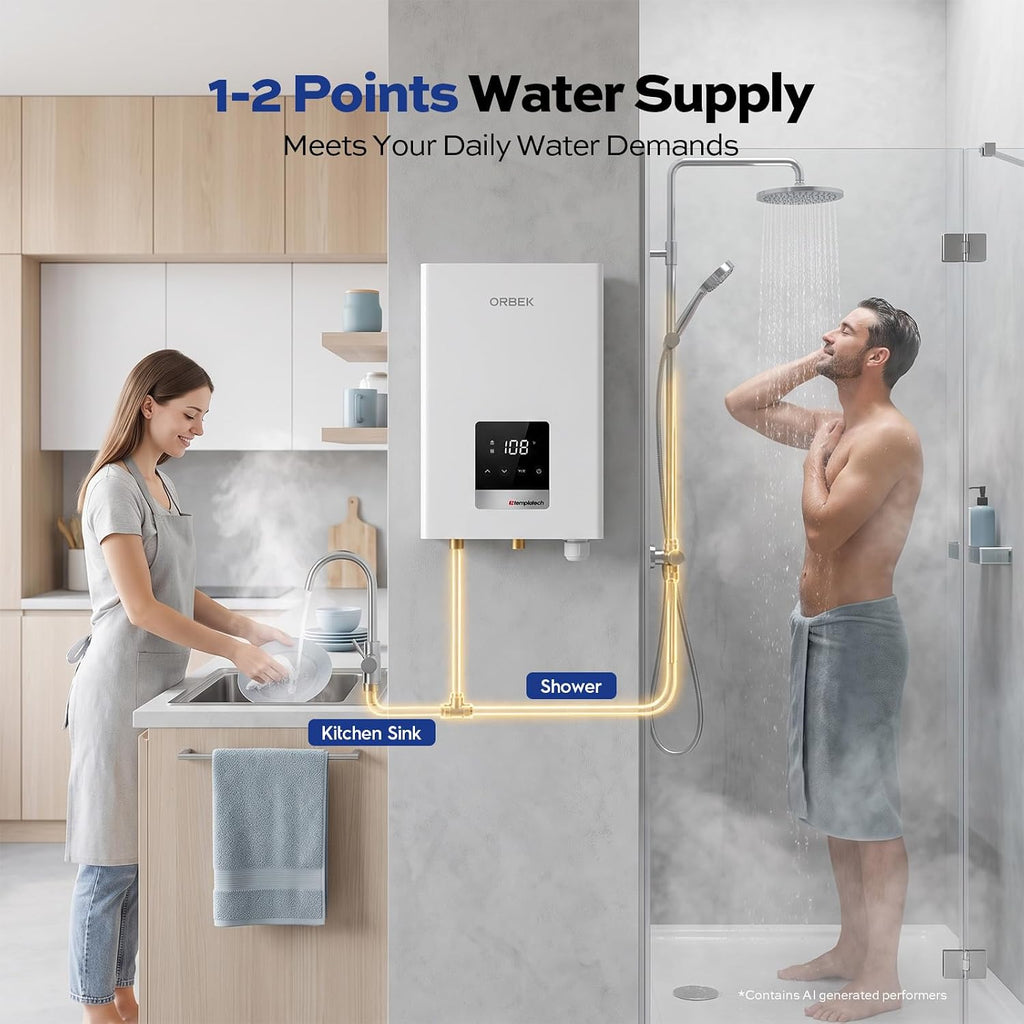 14kW Tankless Water Heater Electric, ORBEK On Demand Instant Hot Water Heater 240V, Max 3.38 GPM