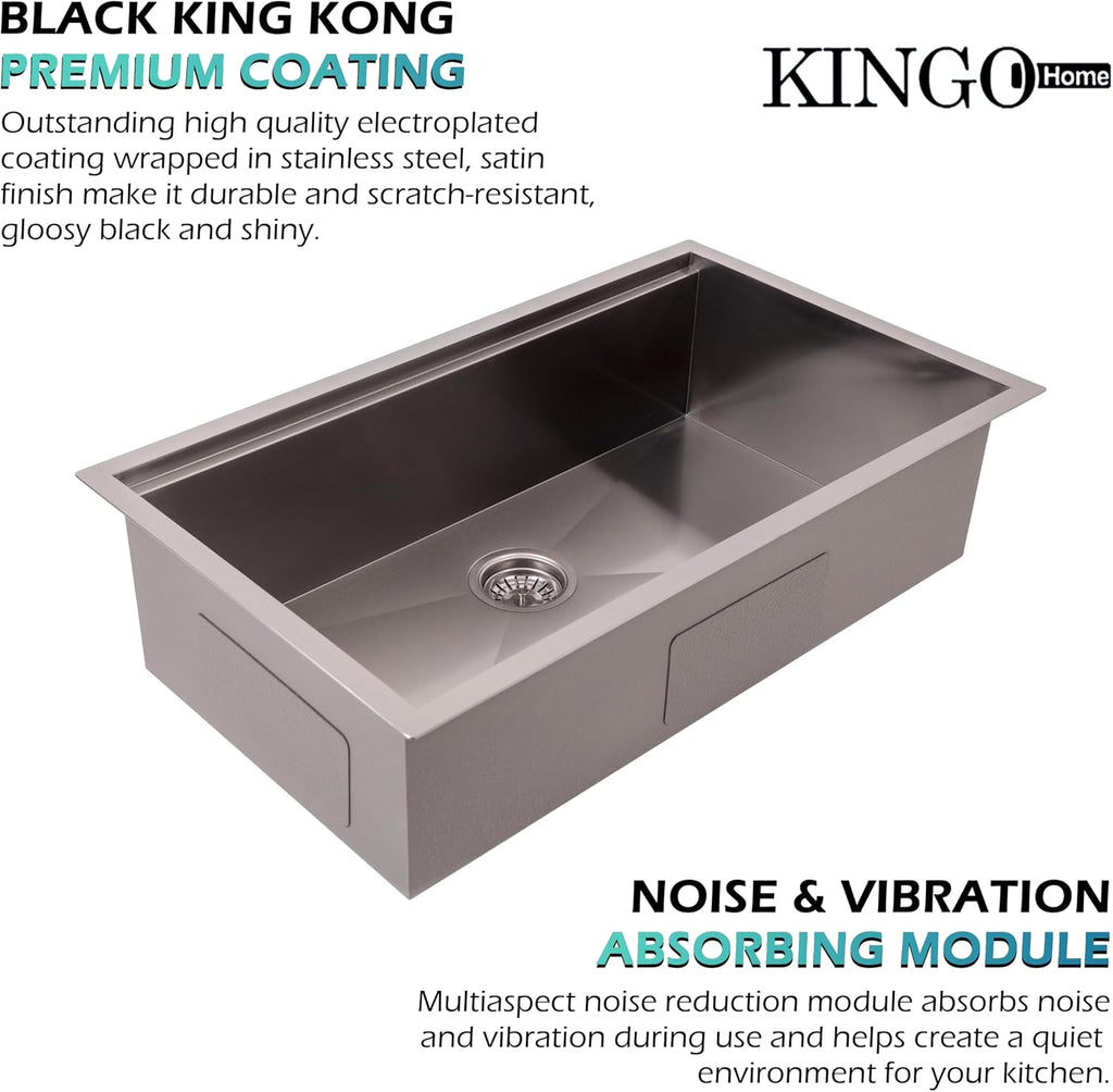 32 Inch Black Undermount Kitchen Sink, Stainless Steel Undermount Sinks Workstation Single Bowl 16 Gauge Under