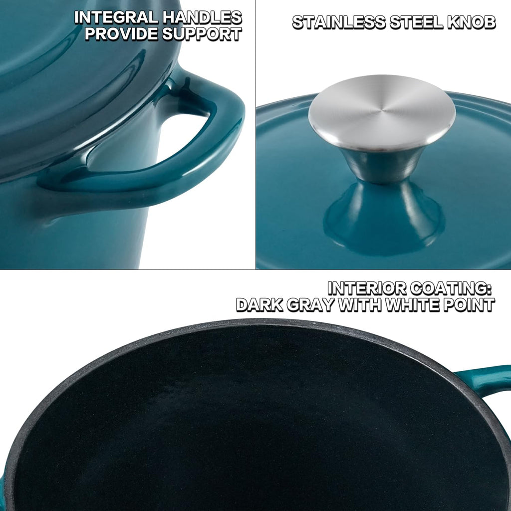 Dutch Oven Pot with Lid 1.8 Qt Cast Iron Dutch Oven for Bread Baking, DarkCyan Enameled Cast Iron Rice Pot, Small