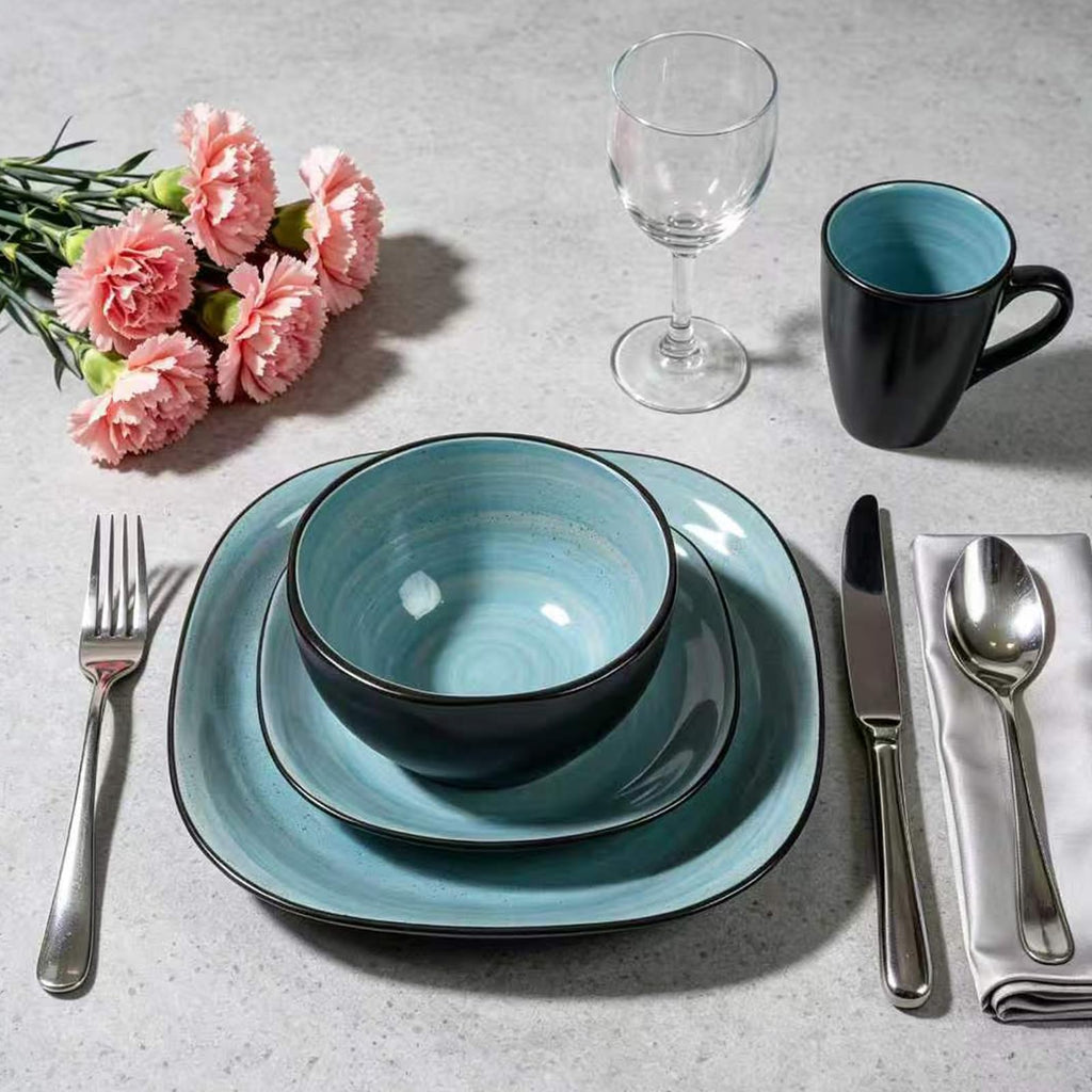 Stoneware Square 16pc Dinnerware Set, Inside Spinwaseh Swirl Turquoise + Outside Black