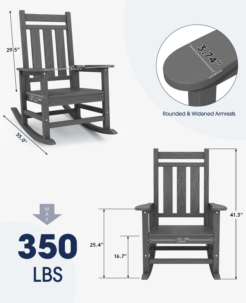 Oversized Outdoor Rocking Chair Set of 4, HDPE Patio Rockers, Gray