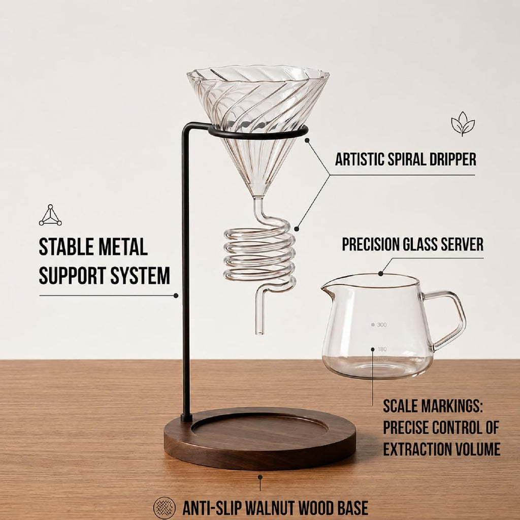 Pour Over Coffee Maker Set - 3PCS Featuring Spiral-Ribbed Dripper, Raised Walnut Wooden Stand, and 400ml Elegant