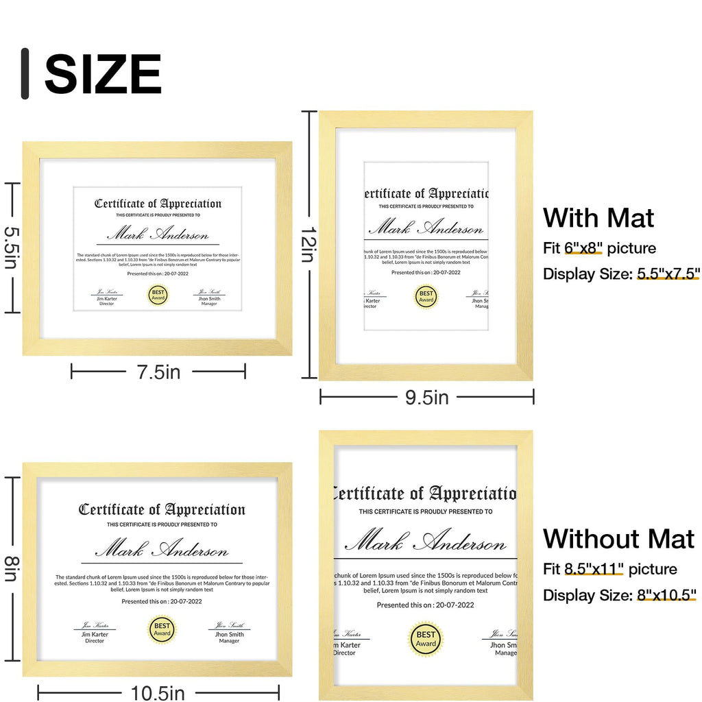 8.5x11 Picture Frames Set of 9 for Wall Mount or Tabletop, Gold