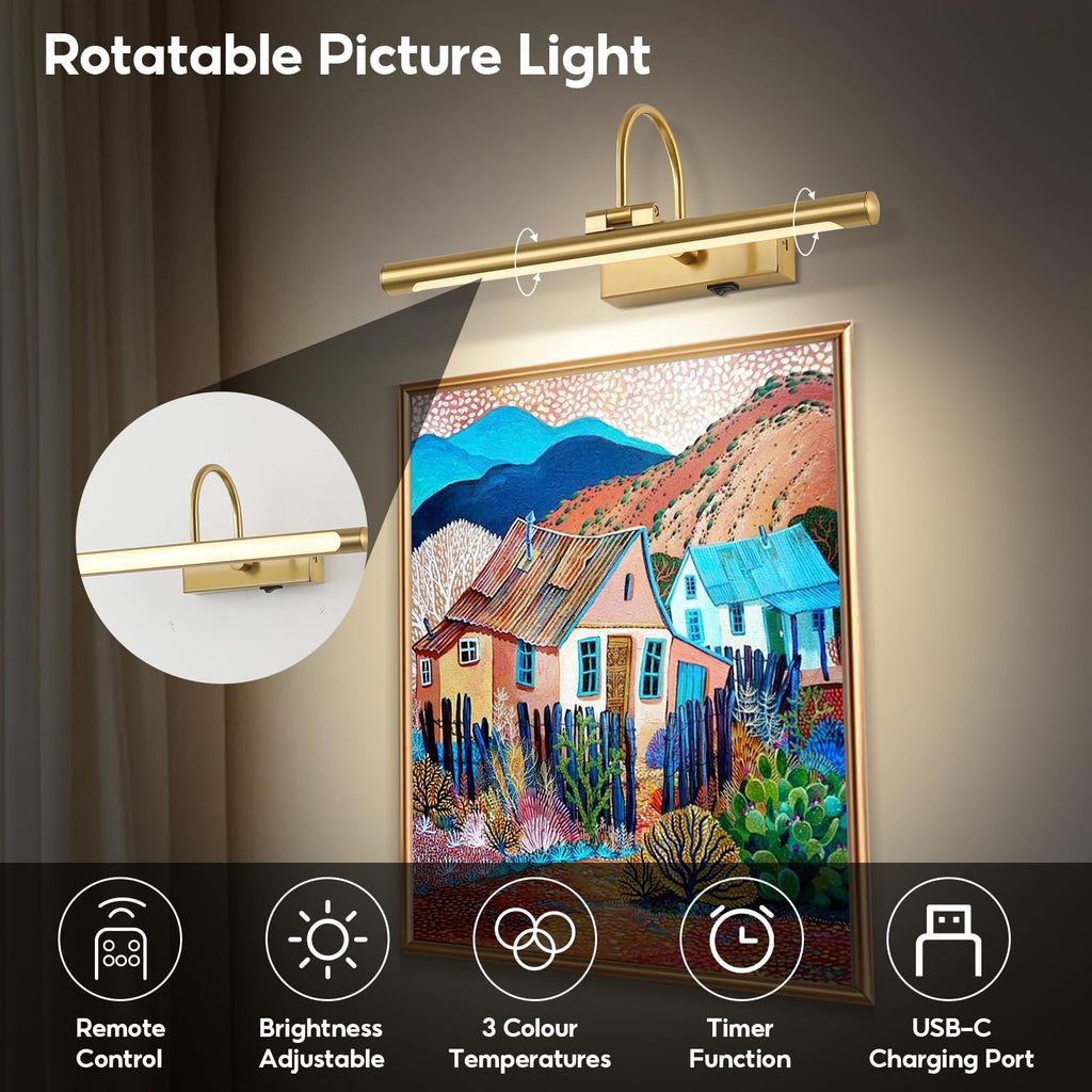 12"Picture Light for Wall Battery Operated Art Lights for Painting Brass Wireless LED Picture Lighting 3CCT Dimmable