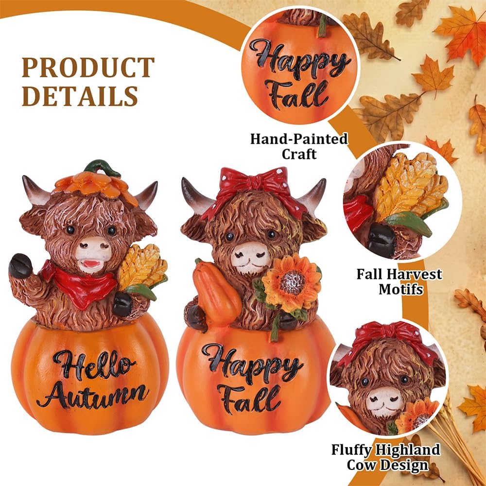 Fall Decorations, Resin Highland Cows Figurines for Fall Decor, Rustic Pumpkin Harvest Ornaments - Set of 2