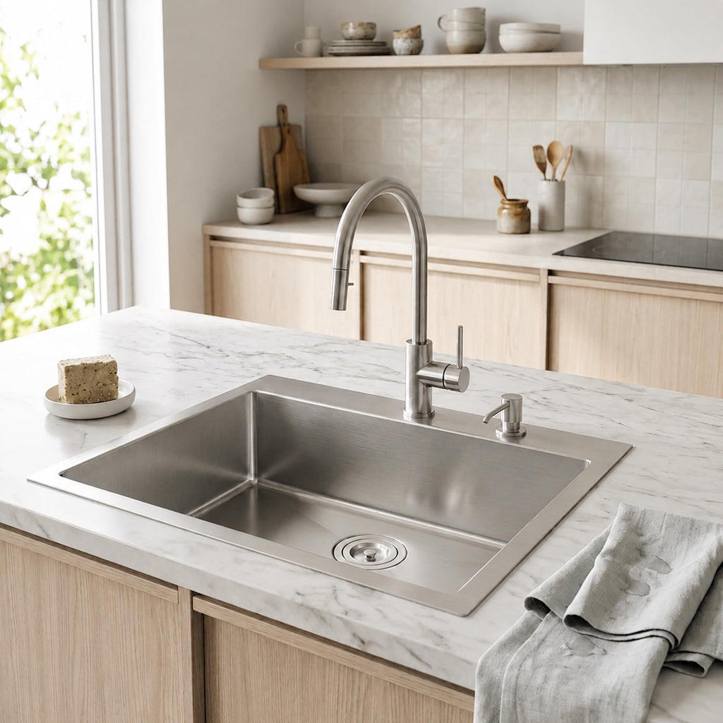 33 x 22 inch Drop in, 33 inch Topmount Stainless Steel Sink, 18 Gauge T304 Single Bowl Kitchen With Strainer