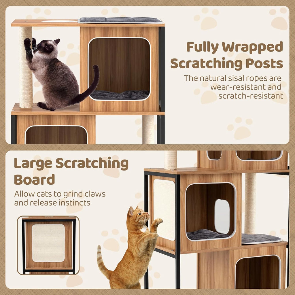 Modern Cat Tree, 52 Inch Wooden Cat Condos with Metal Frame, Sisal Scratching Posts & Board, Washable Cushions