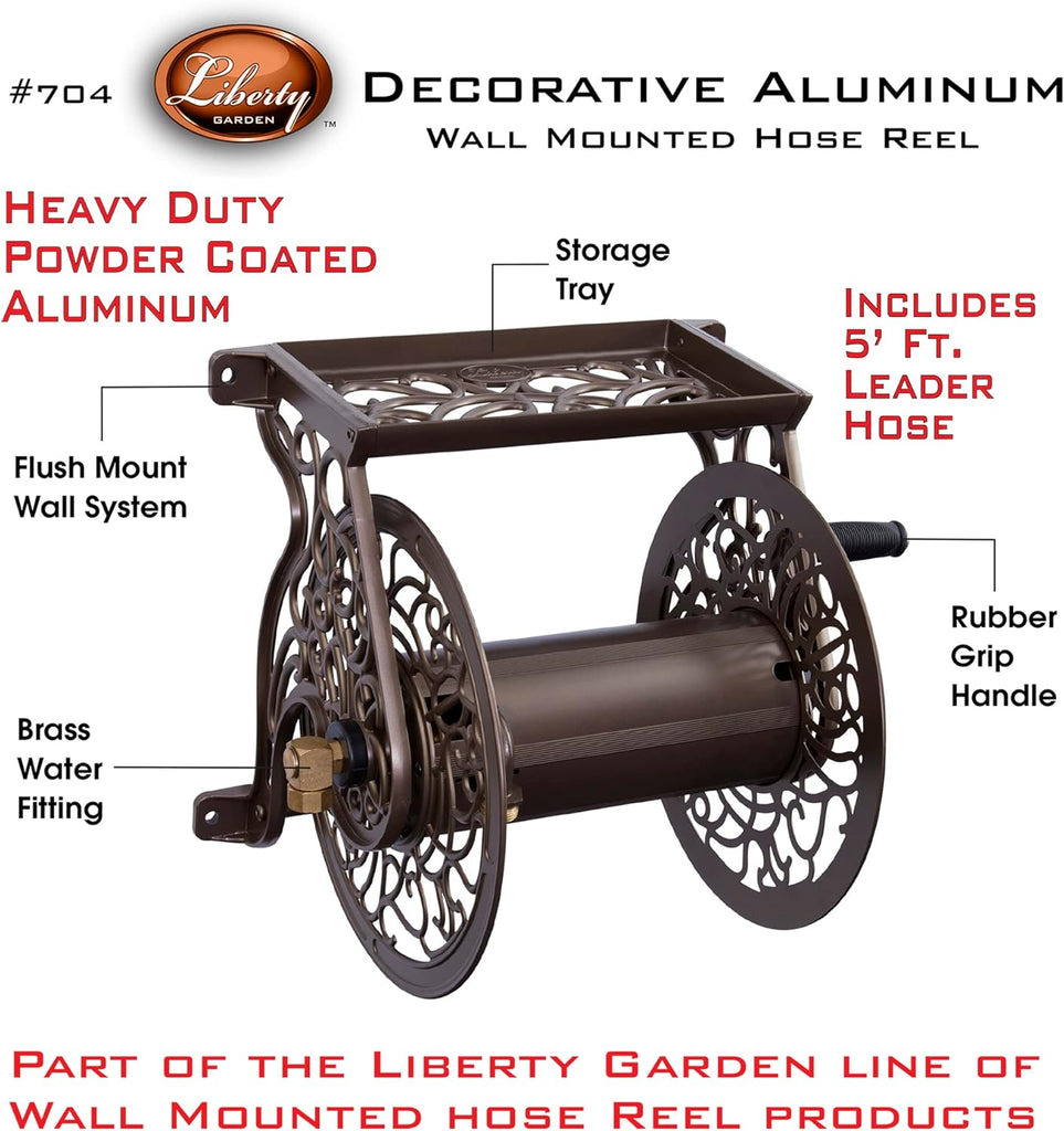 704 Decorative Cast Aluminum Wall Mount Garden Hose Reel, Holds 125-Feet of 5/8-Inch Hose - Bronze