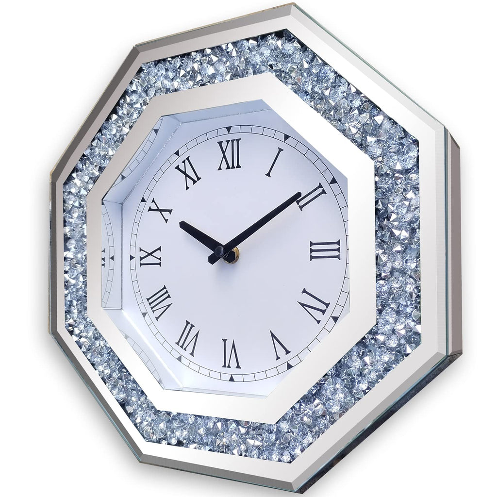 Wall Clock, Octagon Mirror Glass Clock, Cute Diamond 12-inch Non-Ticking Clock for Wall Décor, Perfect Home Decor
