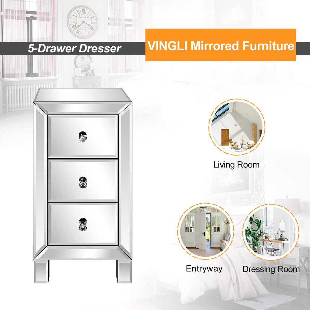 3-Drawer Mirrored Nightstand End Table Bedside Table, Silver, 11.7" L x 11.8" W x 23.8" H
