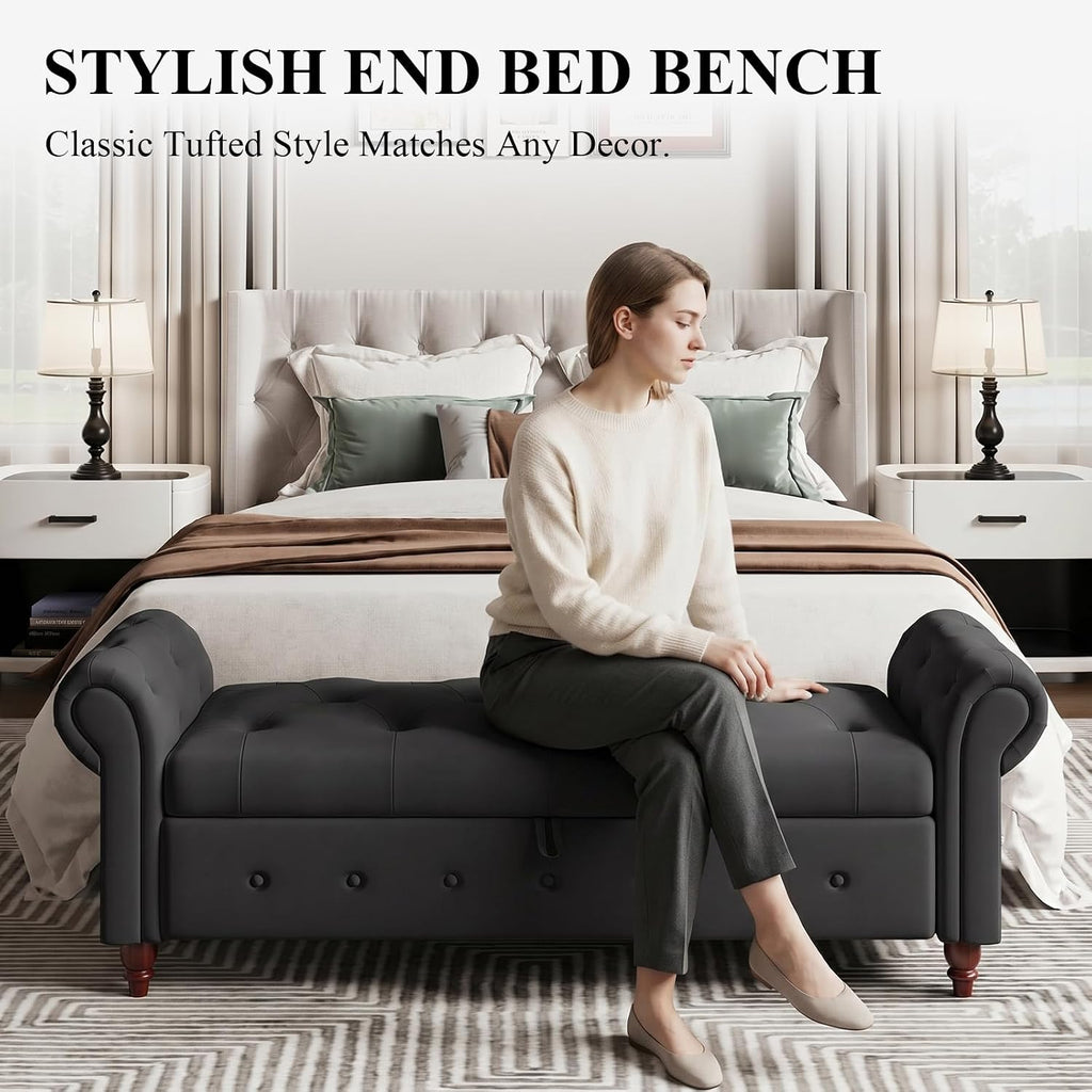63'' Storage Ottoman Bench, Tufted Entryway Bench Grey Polyster | Button Tufted End of Bed, Large Storage Space