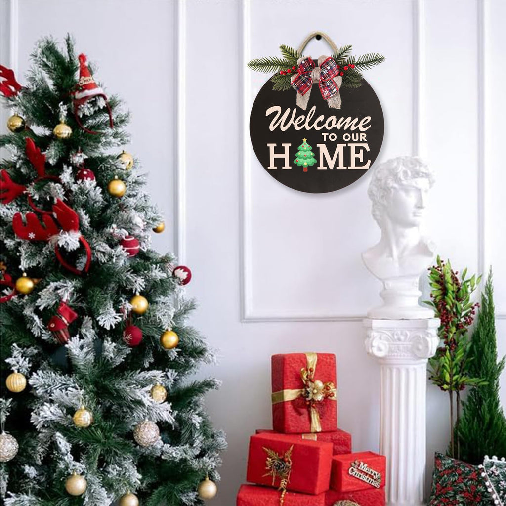 Interchangeable Welcome Sign for Front Door Decoration with 4 Seasonal Wreaths and 14 Holiday Icons, Black Welcome