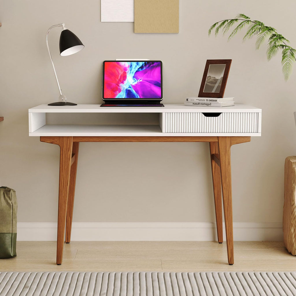 White Computer Desk with Drawers - 45 inch Minimalist Small Solid Wood Mid-Century Modern Office Desk - Boho Style