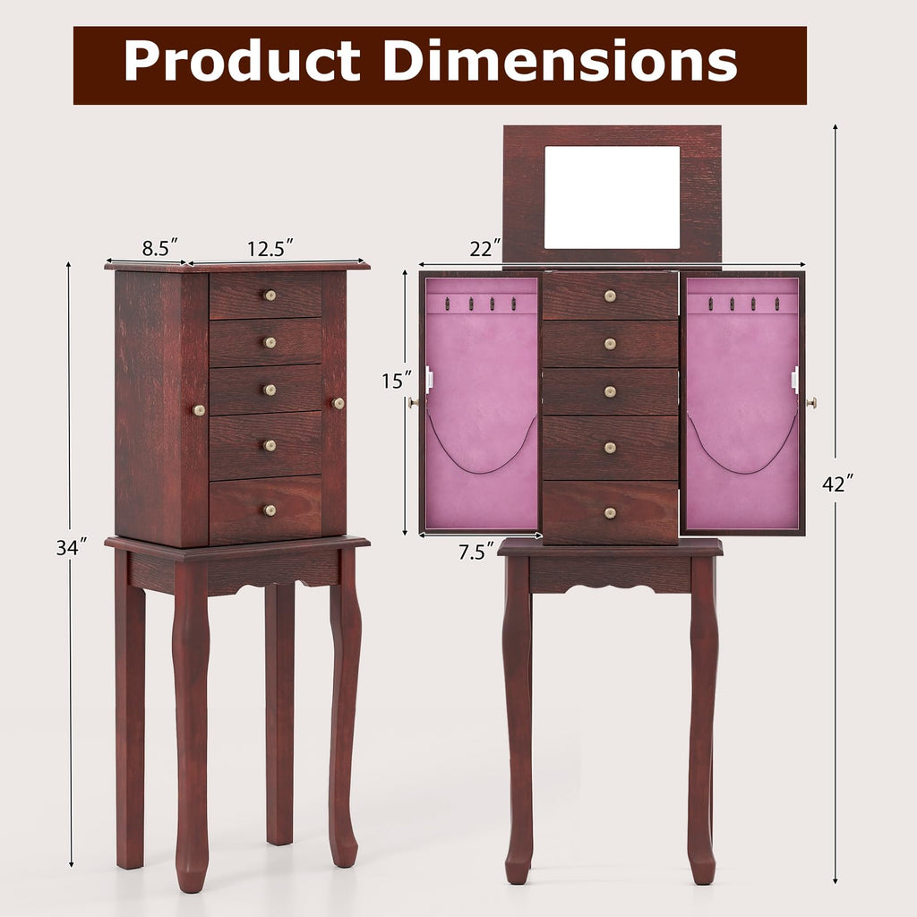 Standing Jewelry Armoire Cabinet with Top Flip Mirror, Jewelry Box Chest with 4 Drawers, Top Compartments, 8 Necklace