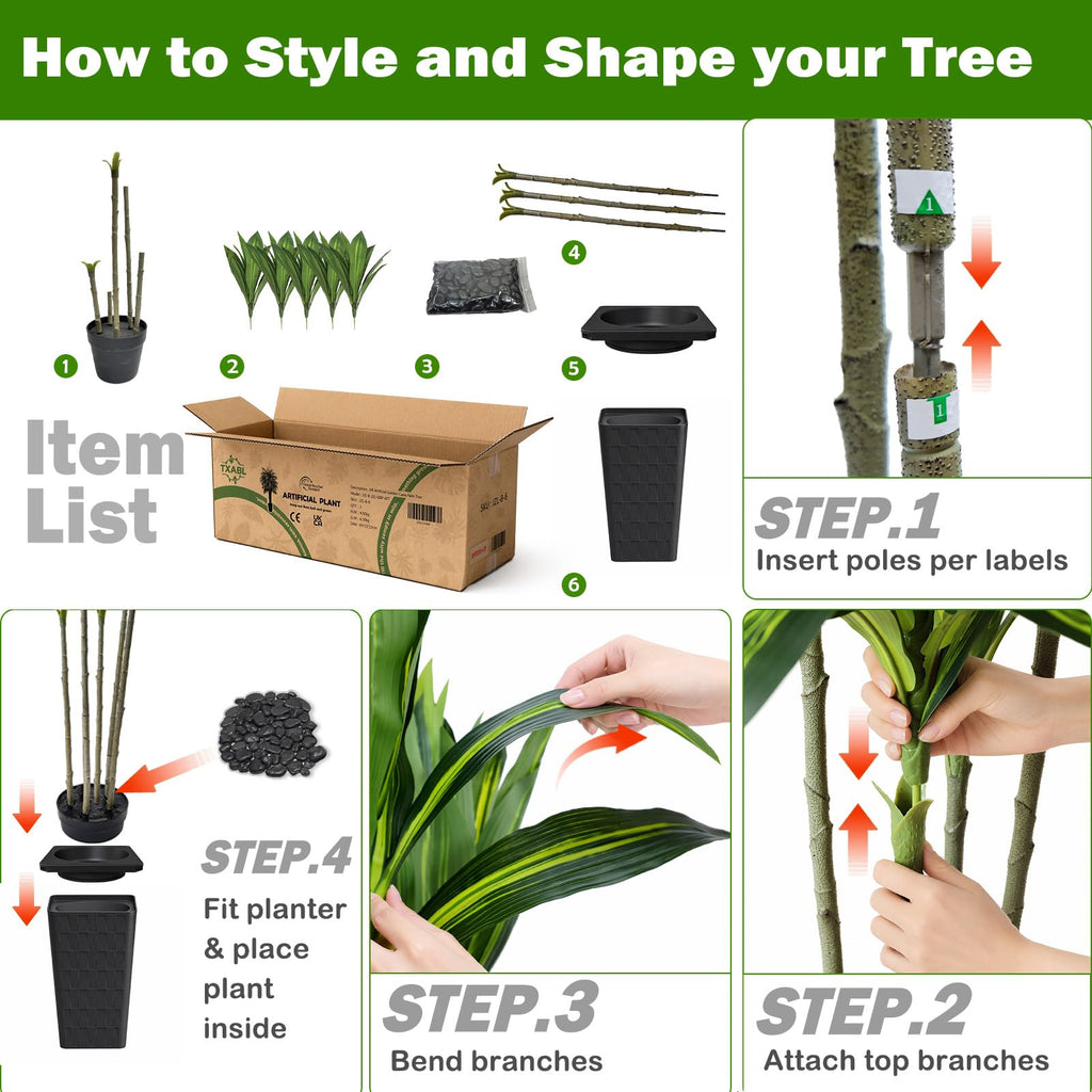 Artificial Dracaena Tree 7FT, Faux plants with Black Tall Planter