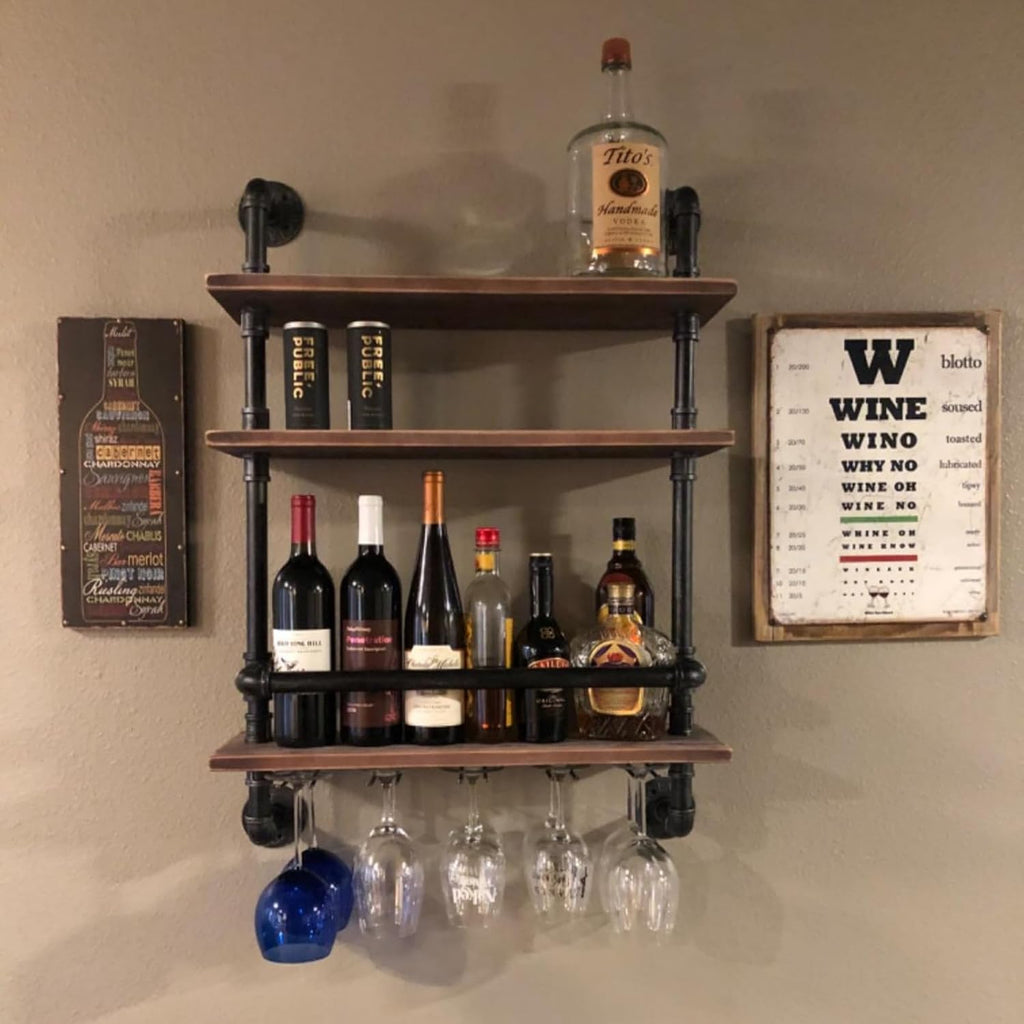 Floating Bar Shelves,Wine Rack Wall Mounted,Wine Glass Holder Wood Shelf | Industrial Pipe,Solid Pine Wood,Easy to