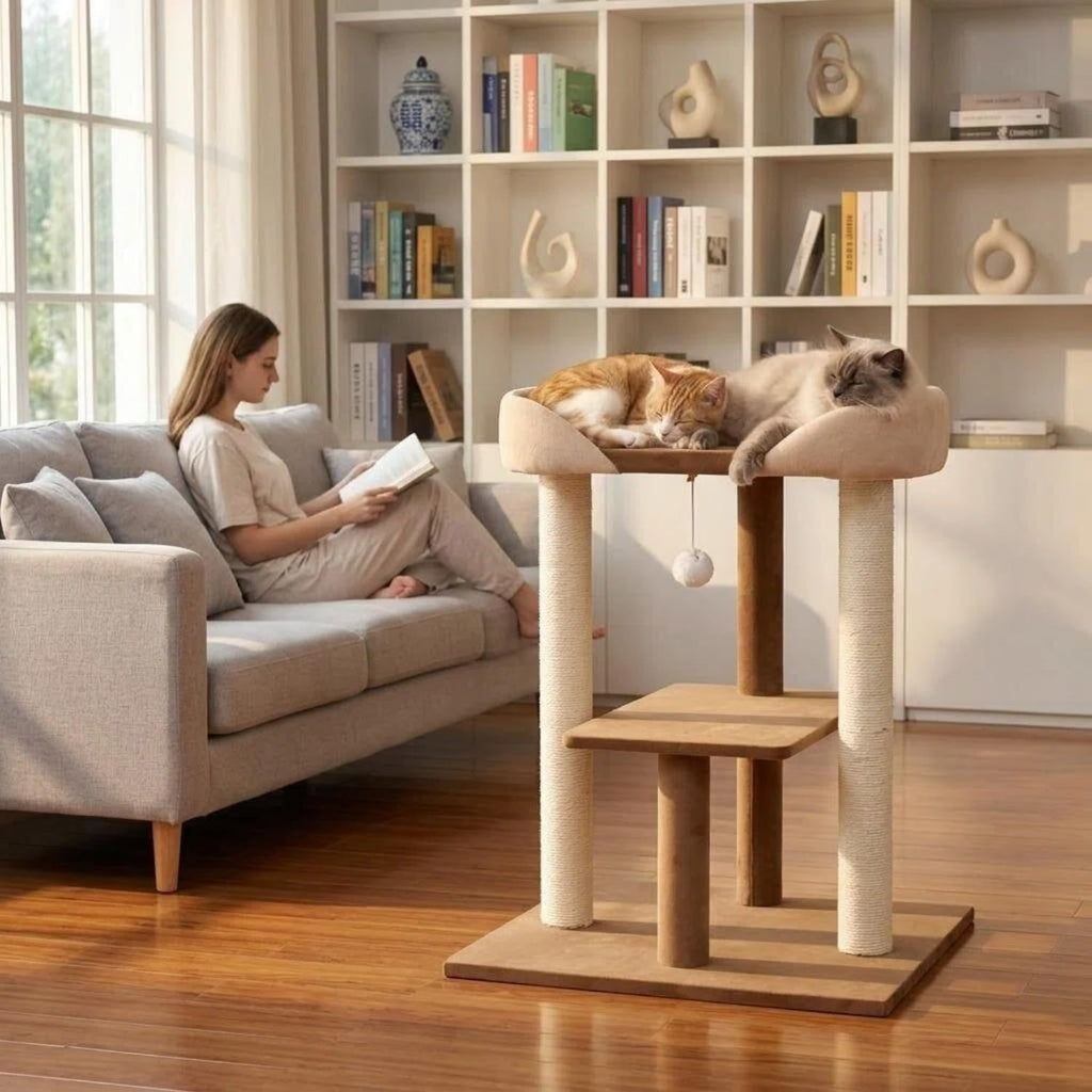 Modern Wooden Cat Tree Tower with Extra Large Platform, Perch Sofa Couch Bed for Maine Coon, Window View Design