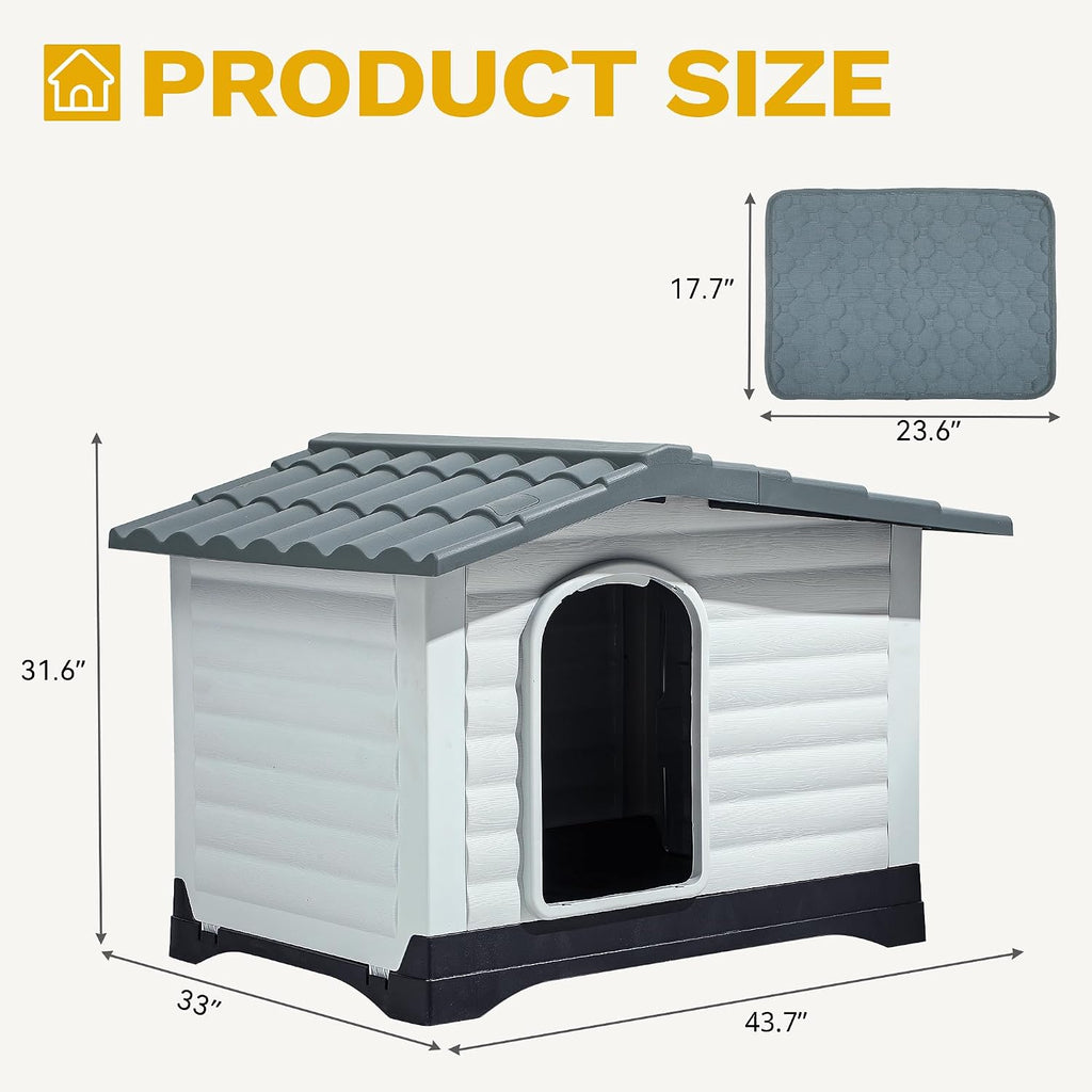 2-Door Large Dog House with Elevated Base & Cushion, Weather-Resistance Dog Bed House for Indoor/Outdoor Use, Easy