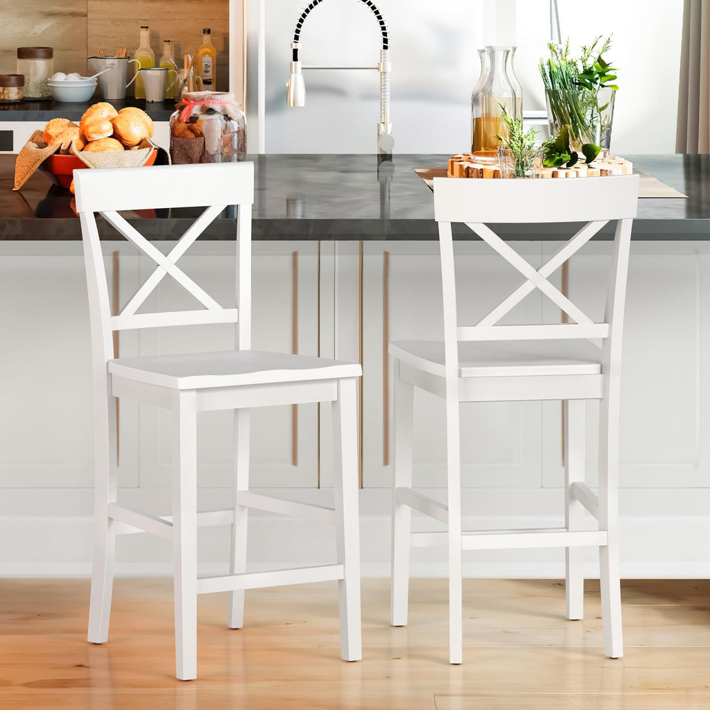 Bar Stools Set of 3, 24" Wooden Barstools with X Back, White