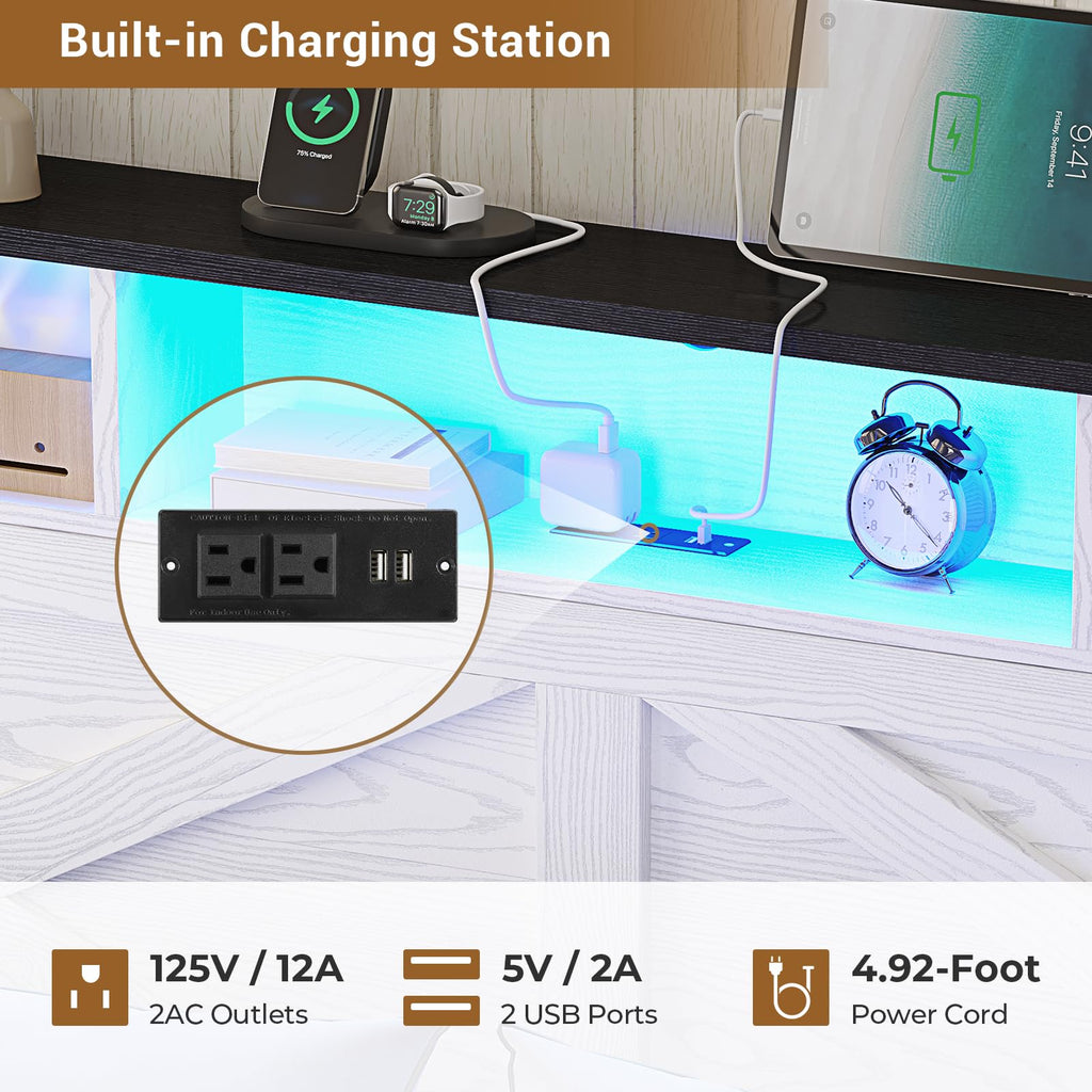 Bed Frame with Storage Ottoman, Farmhouse Bed Frame with Charging Station and Led Light, Headboard with