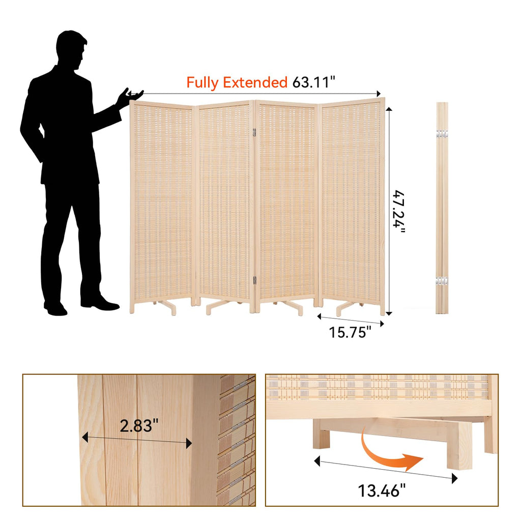 Bamboo Room Divider 4 Panel 47" H, 360°Rotating Feet Privacy Screen, Beige