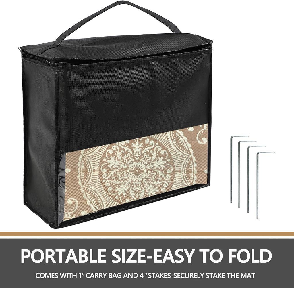 Outdoor Rug 8x10 Patio Waterproof Boho Floral Plastic Straw Rug Large Foldable Vintage Outside Carpet with Carry Bag