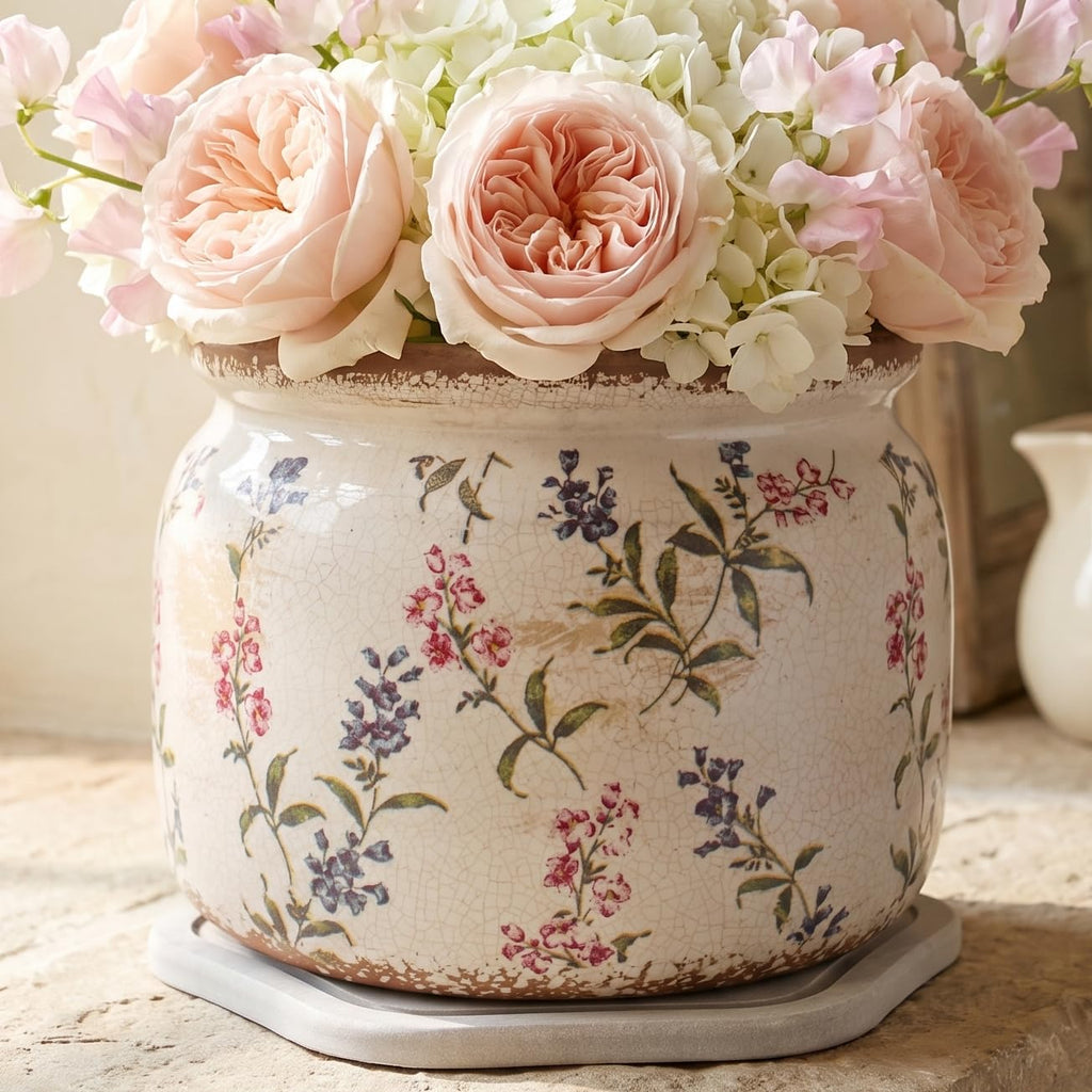 French Country Ceramic Plant Pot with Decorative Saucer, Plant Lover Gifts