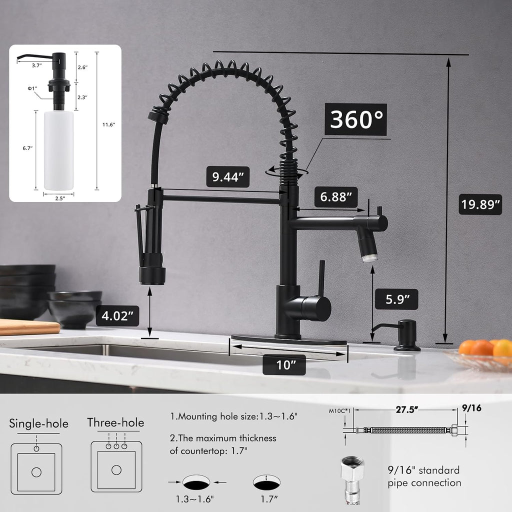 Matte Black Kitchen Faucet with Soap Dispenser Include 10 Inch Hole Cover Deck Plate