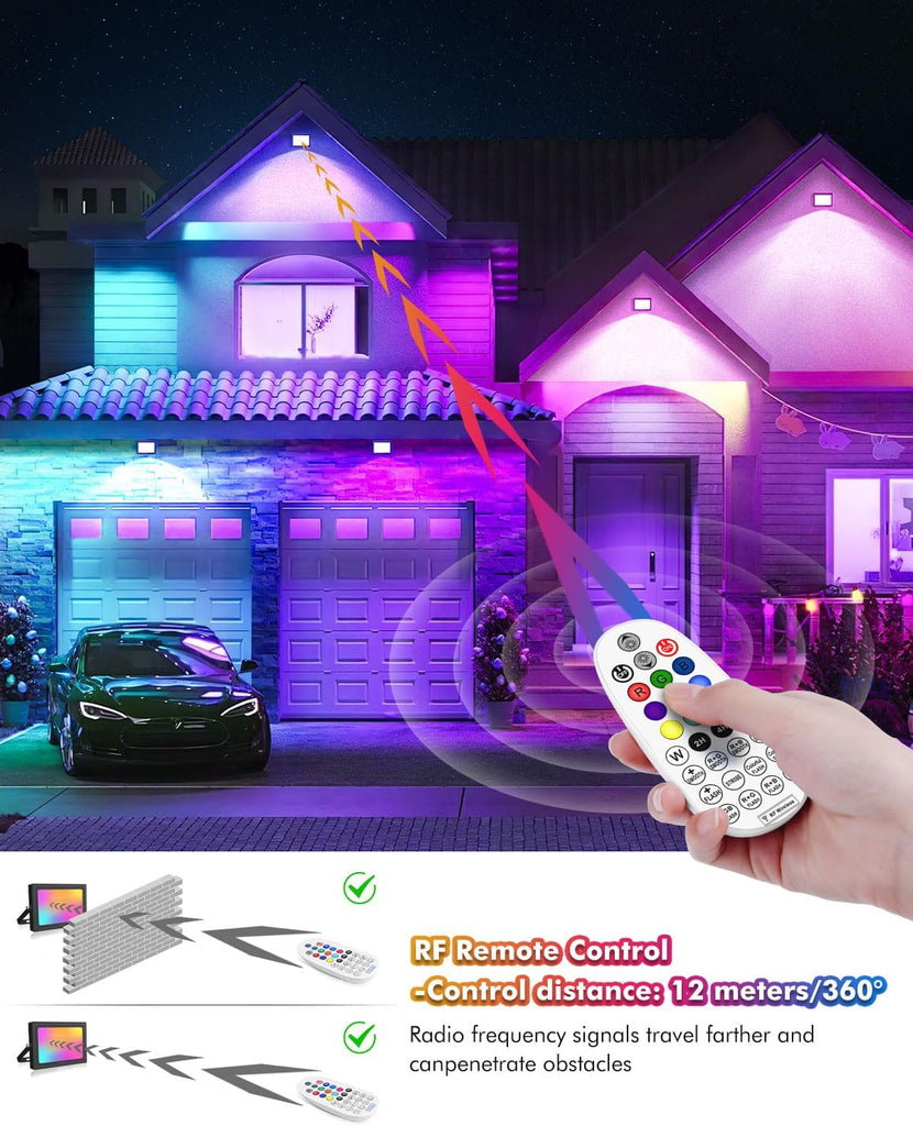 60W RGB LED Flood Lights Outdoor 6000LM Color Changing Floodlights | Dimmable Timing Memory IP66 Waterproof Wall