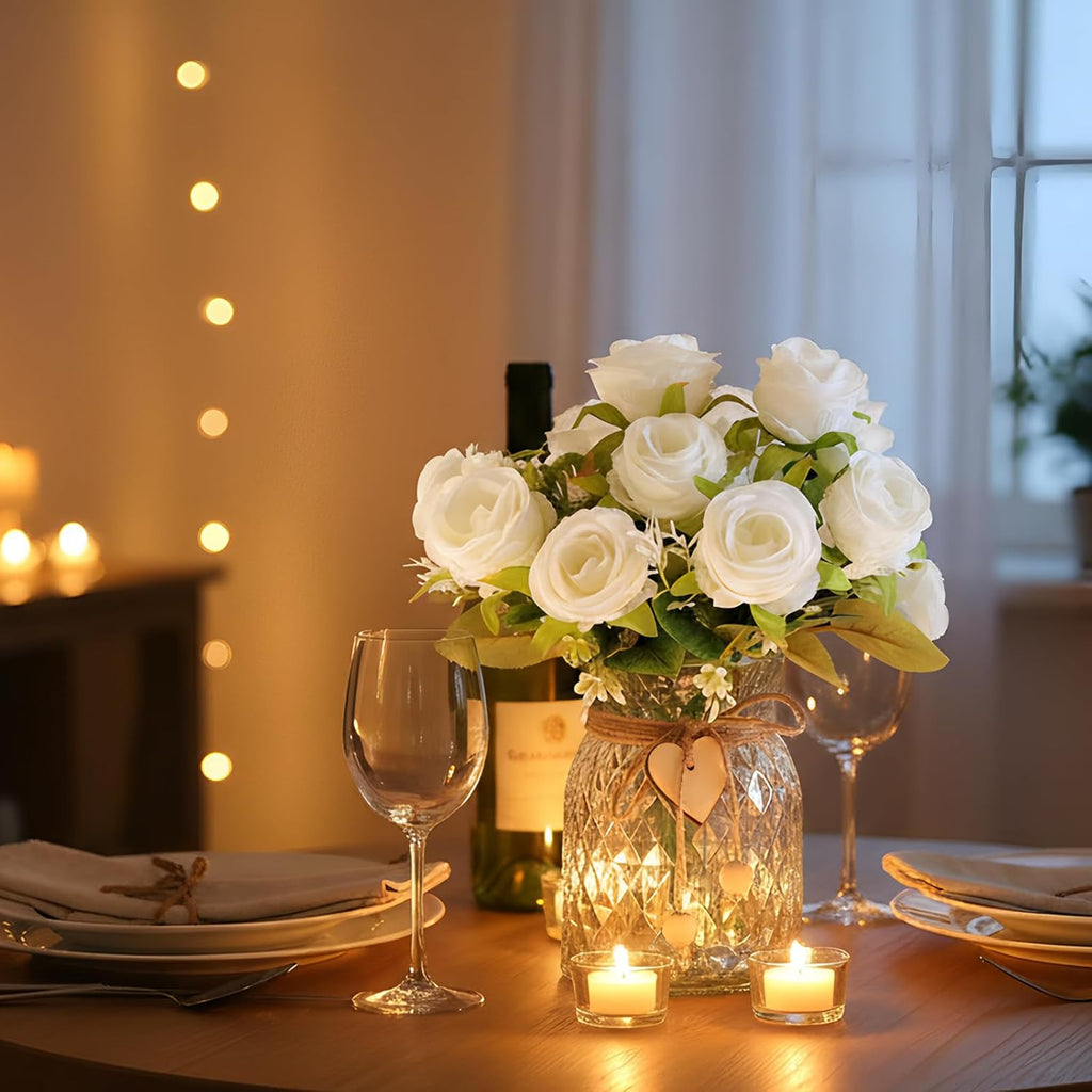 Faux Flowers in Vase, Fake Rose Flowers, Artificial Flowers Decor, Indoor Centerpiece & Dining Table - White - Set of 18