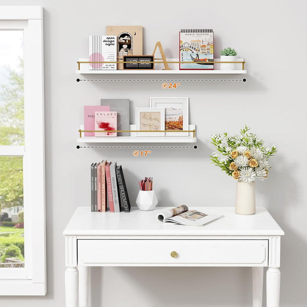 24 Inch Bathroom Floating Shelves for Wall Set of 3, Gold Bathroom Shelves Over Toilet Wall Mounted with Rail