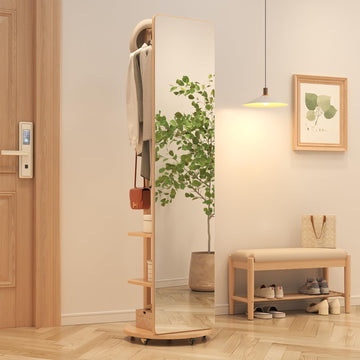 Solid Wood Full Length Mirror Coat Rack, 70" x 20" Oversize Standing Mirror Full Length with Brake Wheels, Floor