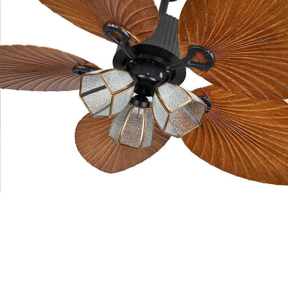 Palm Ceiling Fan Light, 52 Inch Remote Control Ceiling Fan Chandelier 5 Bronze Royal Palm Leaf Shape Blades Fixtures