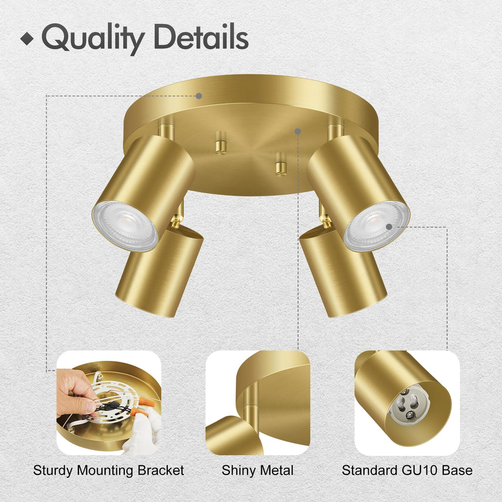 LED 4 Light Track Lighting Kit, LED Track Lighting Fixtures, Gold Round Ceiling Spot Lighting, Flexibly Rotatable