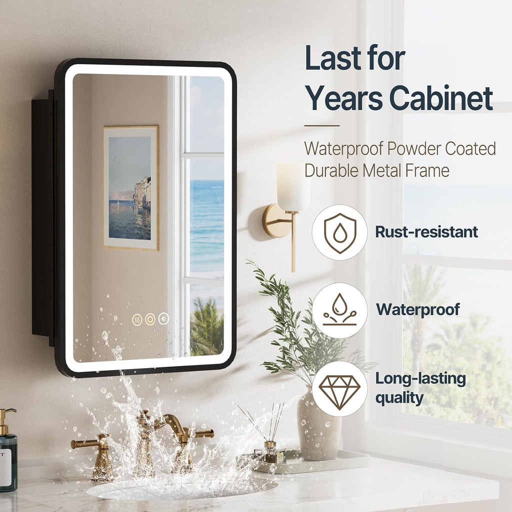 16x24 Inch Medicine Cabinet with Mirror and Lights , Black | Recessed or Surface Mount, Anti-Fog, Memory Function