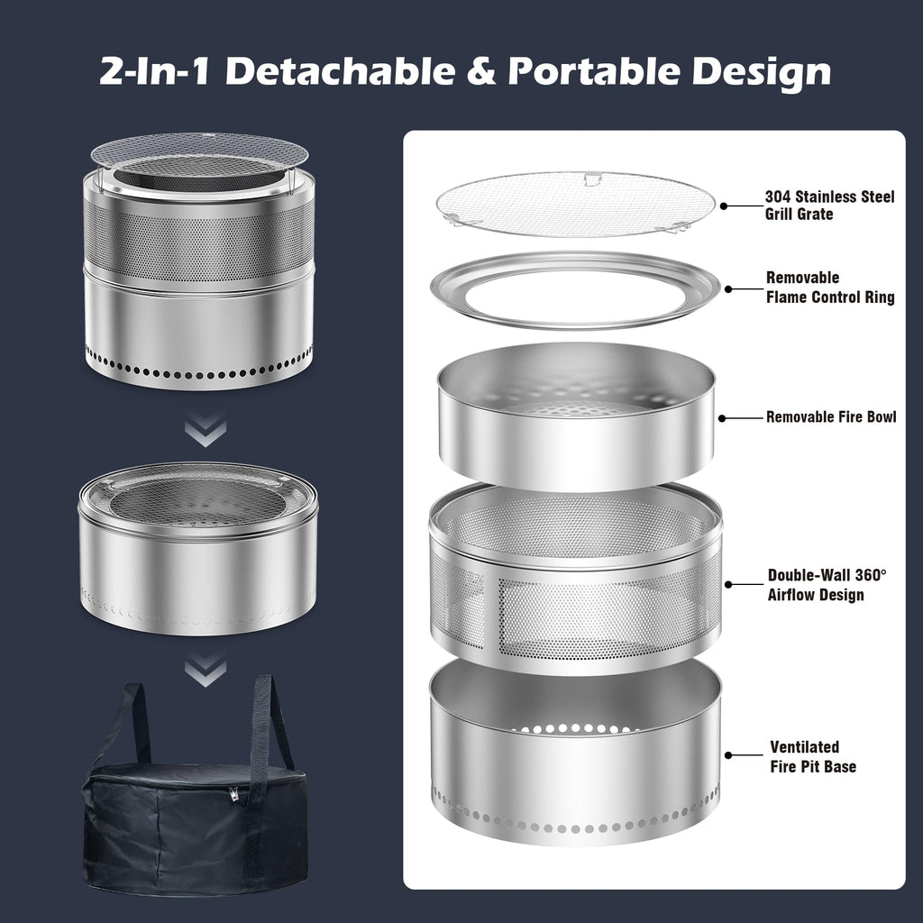 Smokeless Fire Pit 20 Inch, Portable Stainless Steel Firepit Outdoor