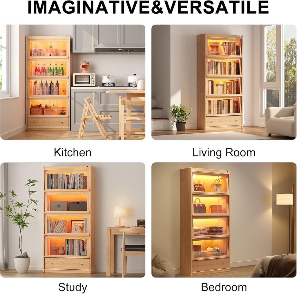 73" H Tall Solid Wood Bookcase with Flip-Up Tempered Glass Doors and 3 Color Led Lights,4 -Tier Wooden Bookshelf with