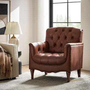 Mid Century Modern Genuine Leather Accent Chair, Brown